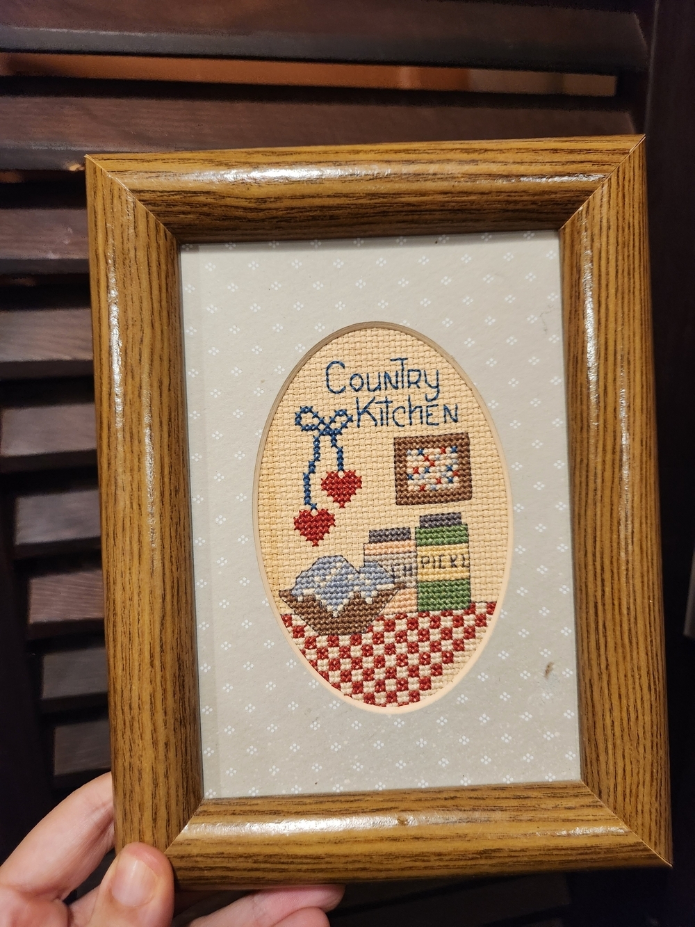 Vintage Country Kitchen Cross-Stitch Wall Art in Tan, Red, Blue, Green